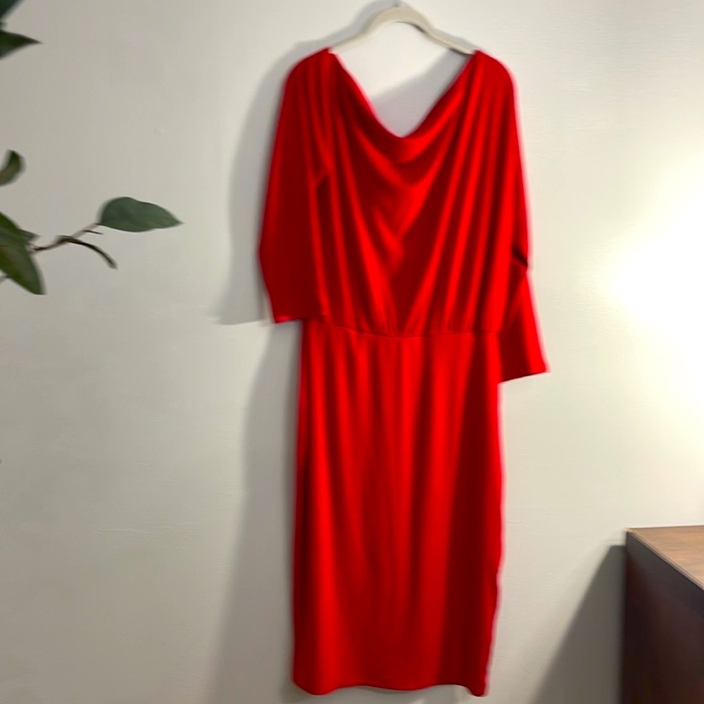 Vibrant Red Ribbed dress 3/4 Sleeve Size Large Elastic Waist Popover